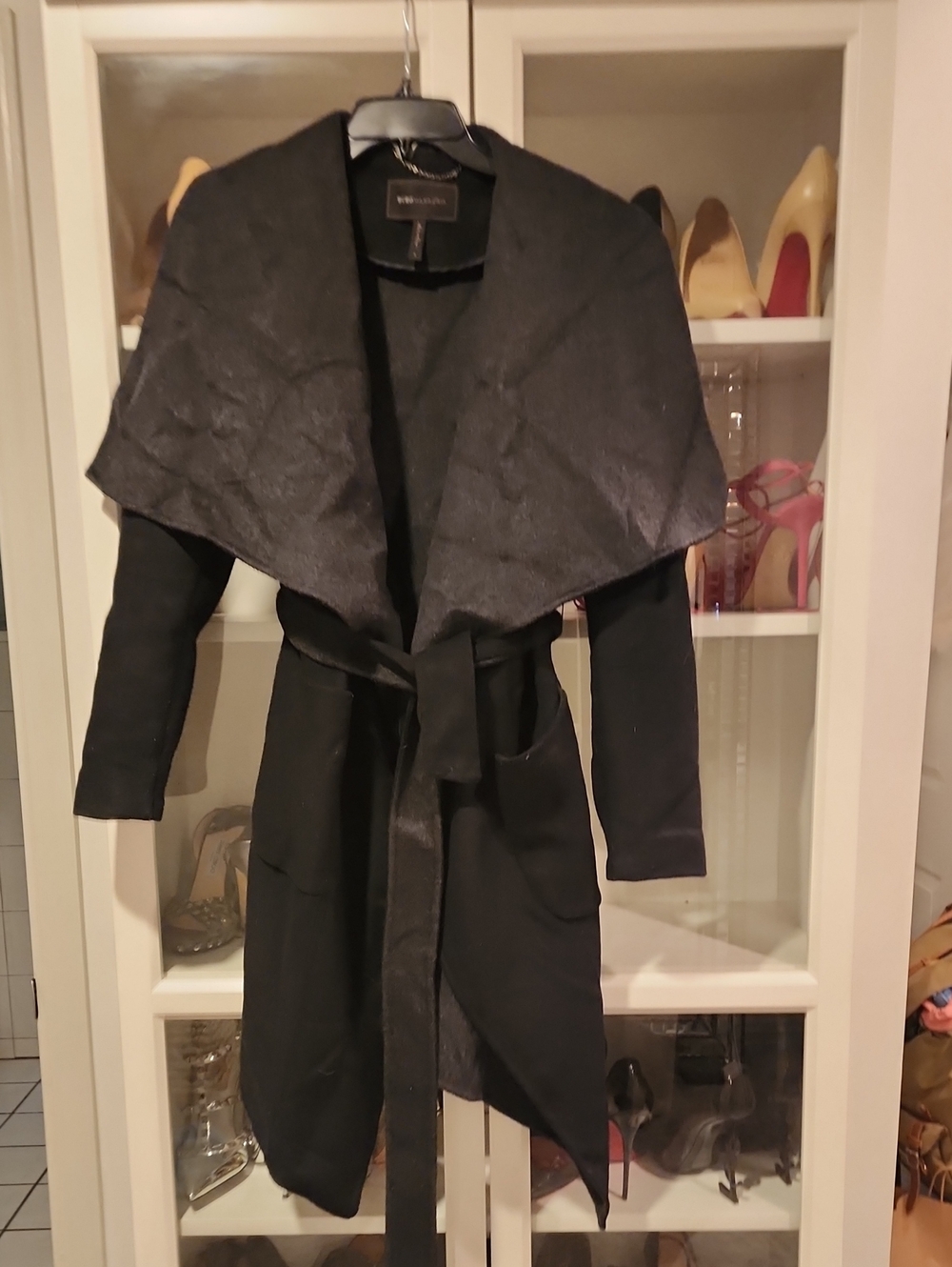 BCBG Elegant Black Wrap Coat with Shawl Collar